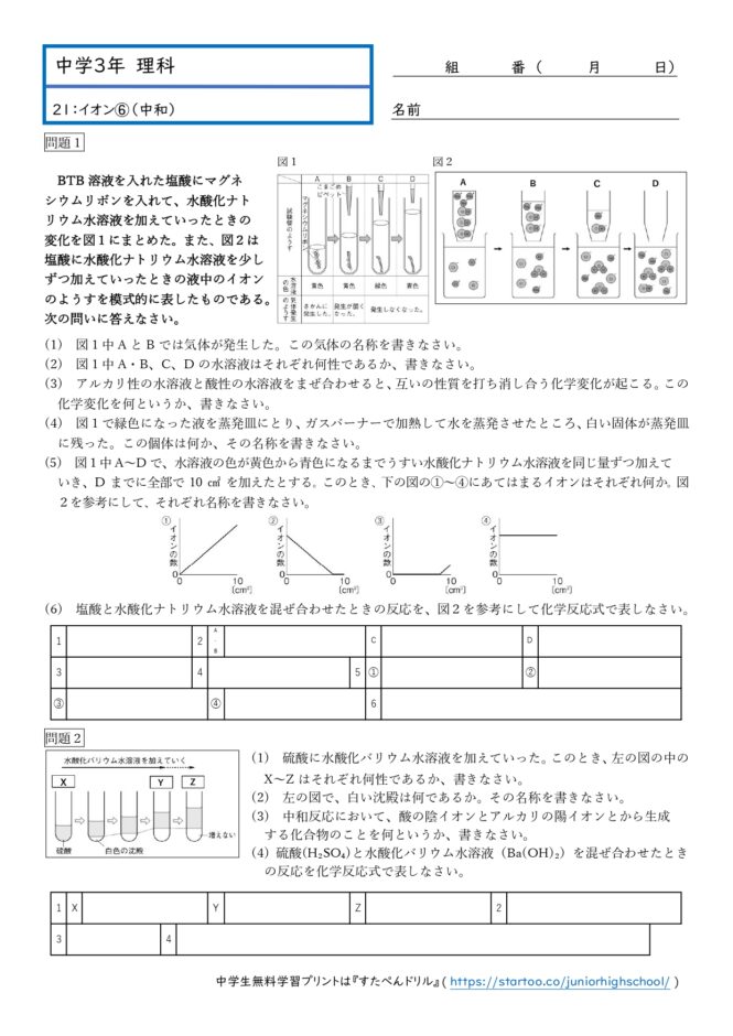 中3理科「化学変化とイオン（中和）」学習プリント無料ダウンロード・印刷